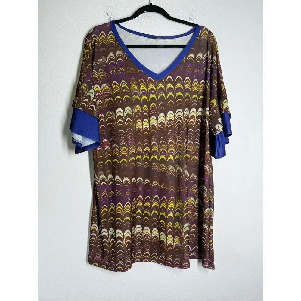 Lily By Firmiana Womens XL Floral Brown Top Colorful Peacock Print Sz XL Vneck